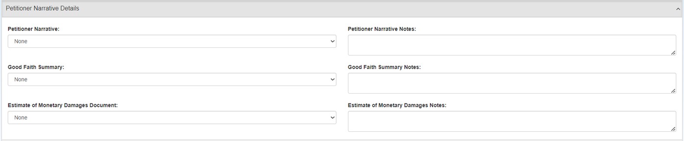 Petitioner Narrative Details window Petitioner Narrative Details window